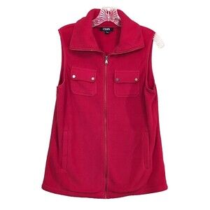 Chaps by Ralph Lauren Women's MEDIUM Fleece Vest Full Zip Red Collared Pockets